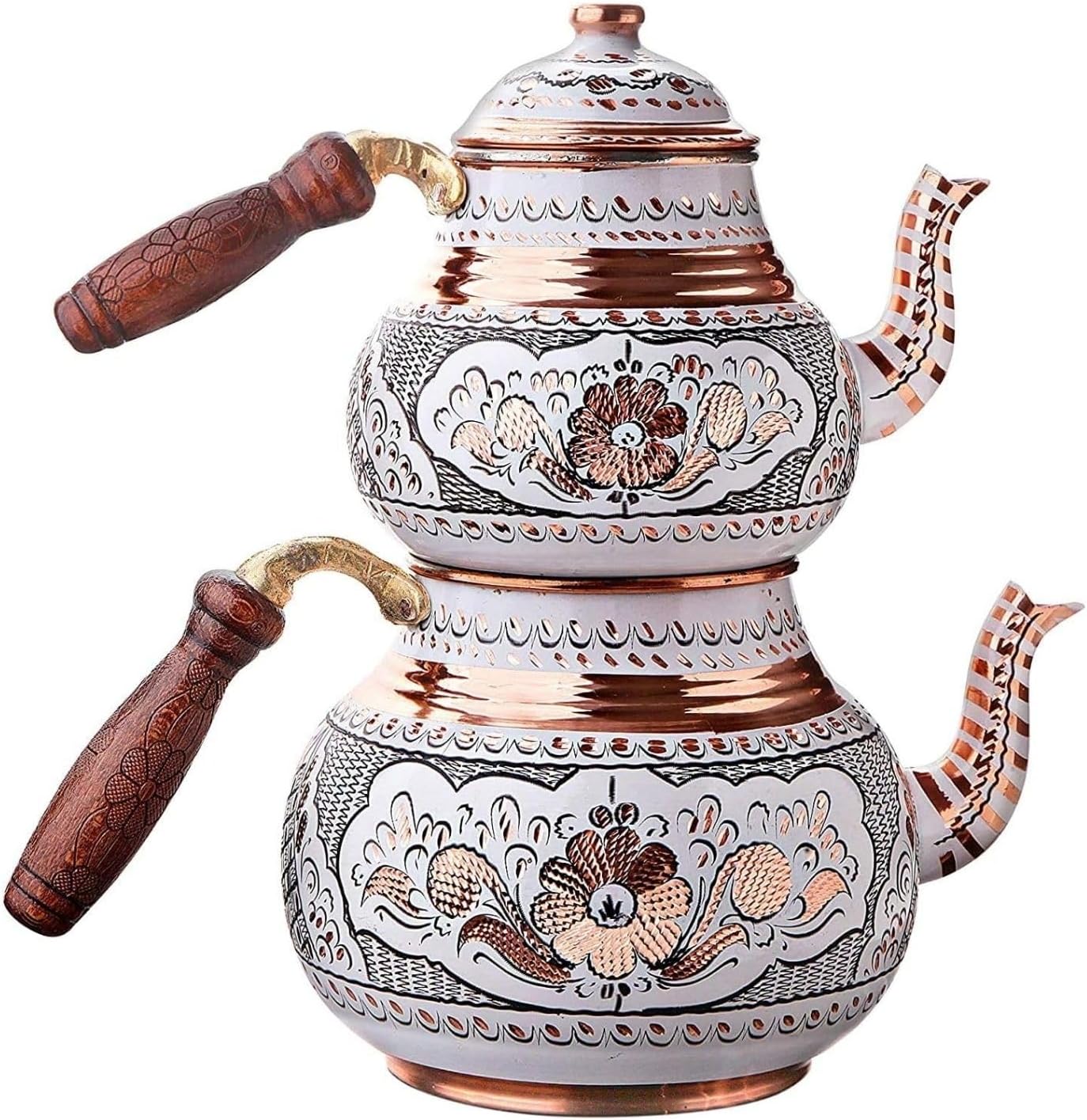 Handcrafted Antique Floral Turkish Copper Teapot Set with Wood Handle and Lid - Vintage Traditional Design for Gas and Electric Stovetops