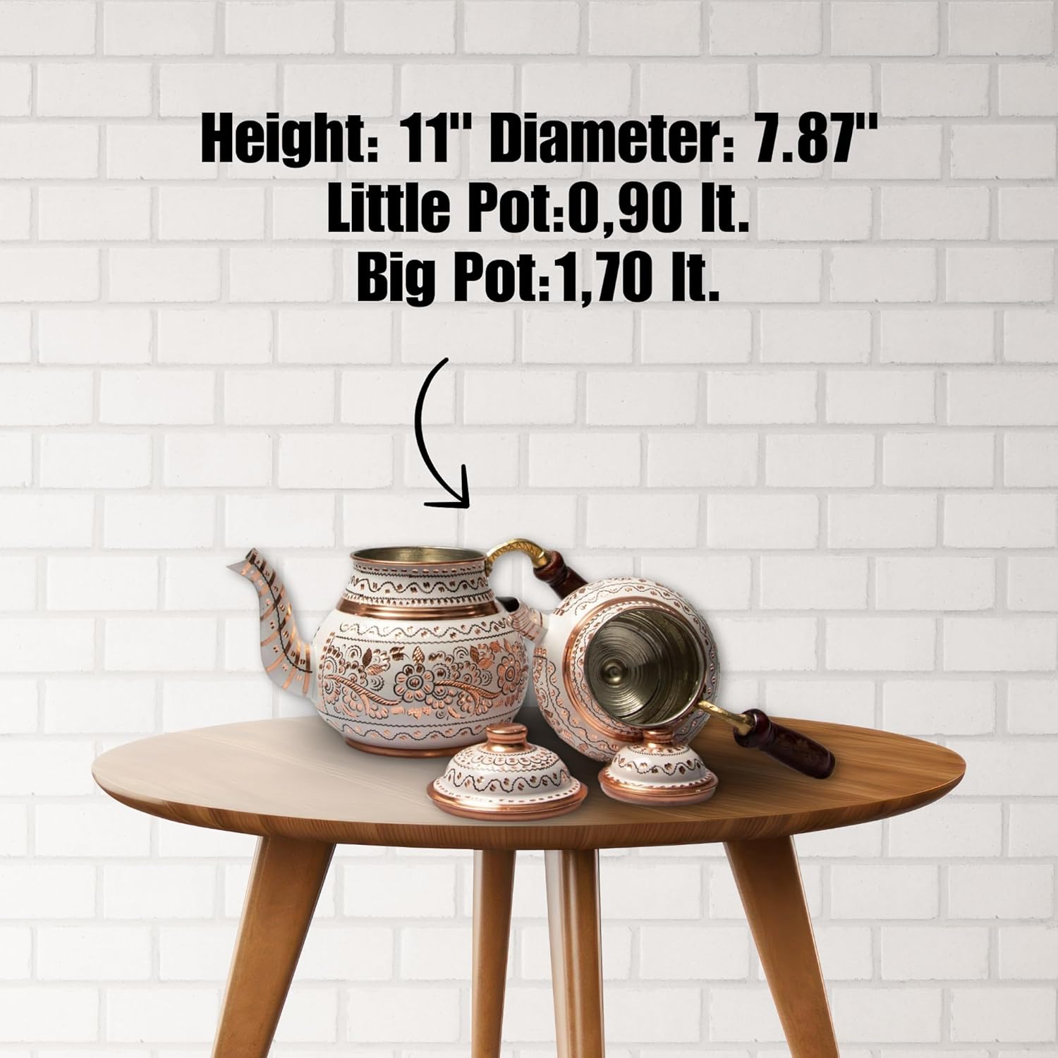 Handcrafted Antique Floral Turkish Copper Teapot Set with Wood Handle and Lid - Vintage Traditional Design for Gas and Electric Stovetops