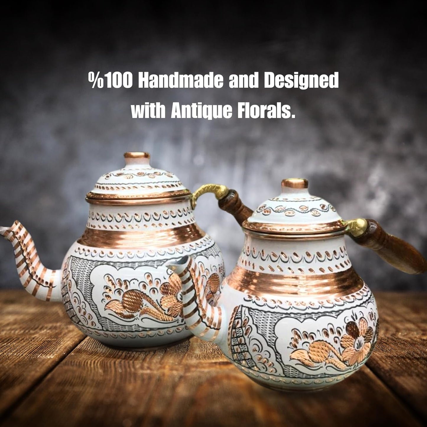 Handcrafted Antique Floral Turkish Copper Teapot Set with Wood Handle and Lid - Vintage Traditional Design for Gas and Electric Stovetops
