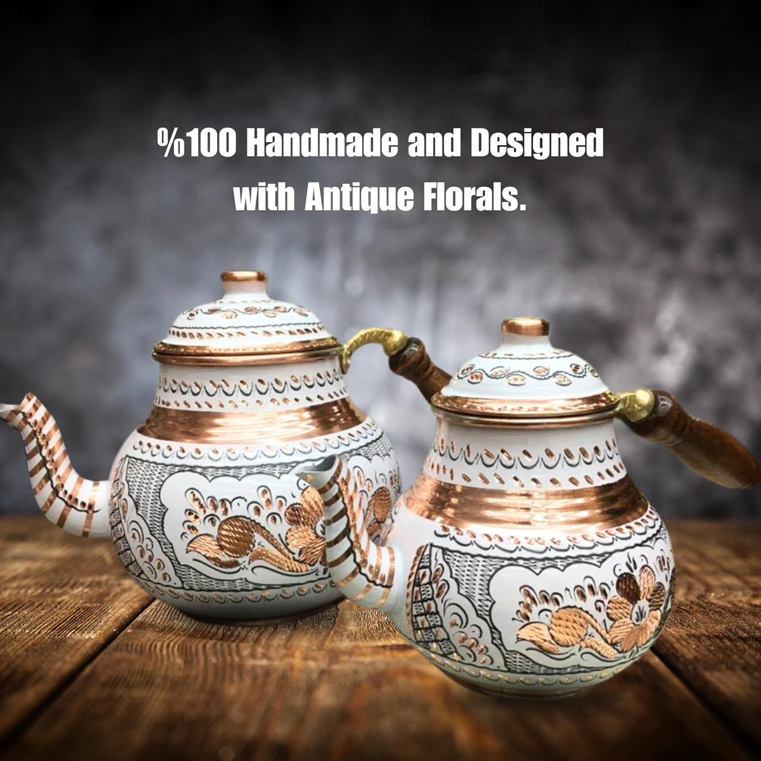 Handcrafted Antique Floral Turkish Copper Teapot Set with Wood Handle and Lid - Vintage Traditional Design for Gas and Electric Stovetops