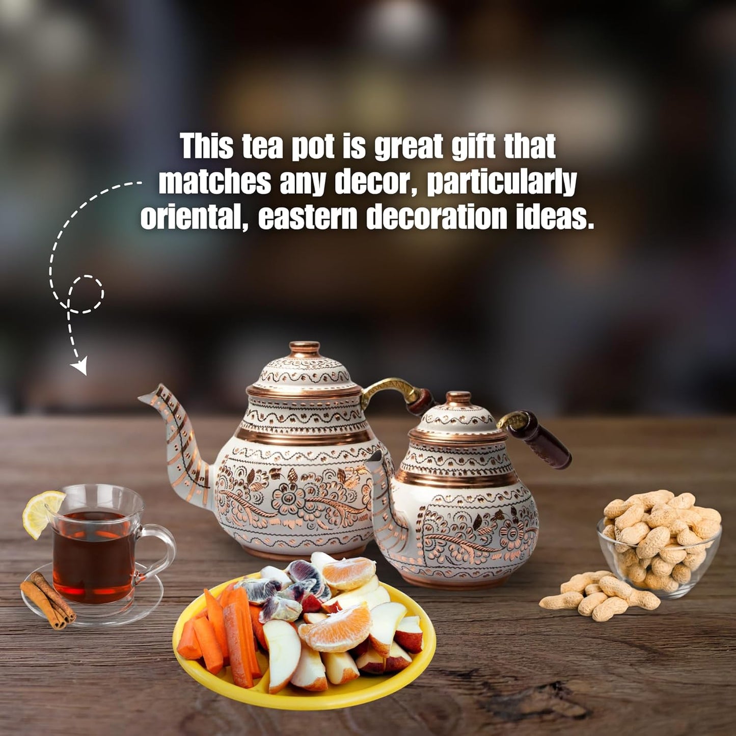 Handcrafted Antique Floral Turkish Copper Teapot Set with Wood Handle and Lid - Vintage Traditional Design for Gas and Electric Stovetops