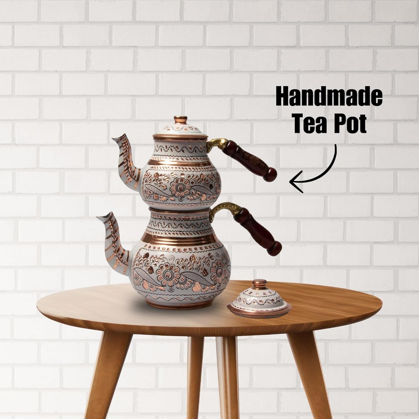 Handcrafted Antique Floral Turkish Copper Teapot Set with Wood Handle and Lid - Vintage Traditional Design for Gas and Electric Stovetops