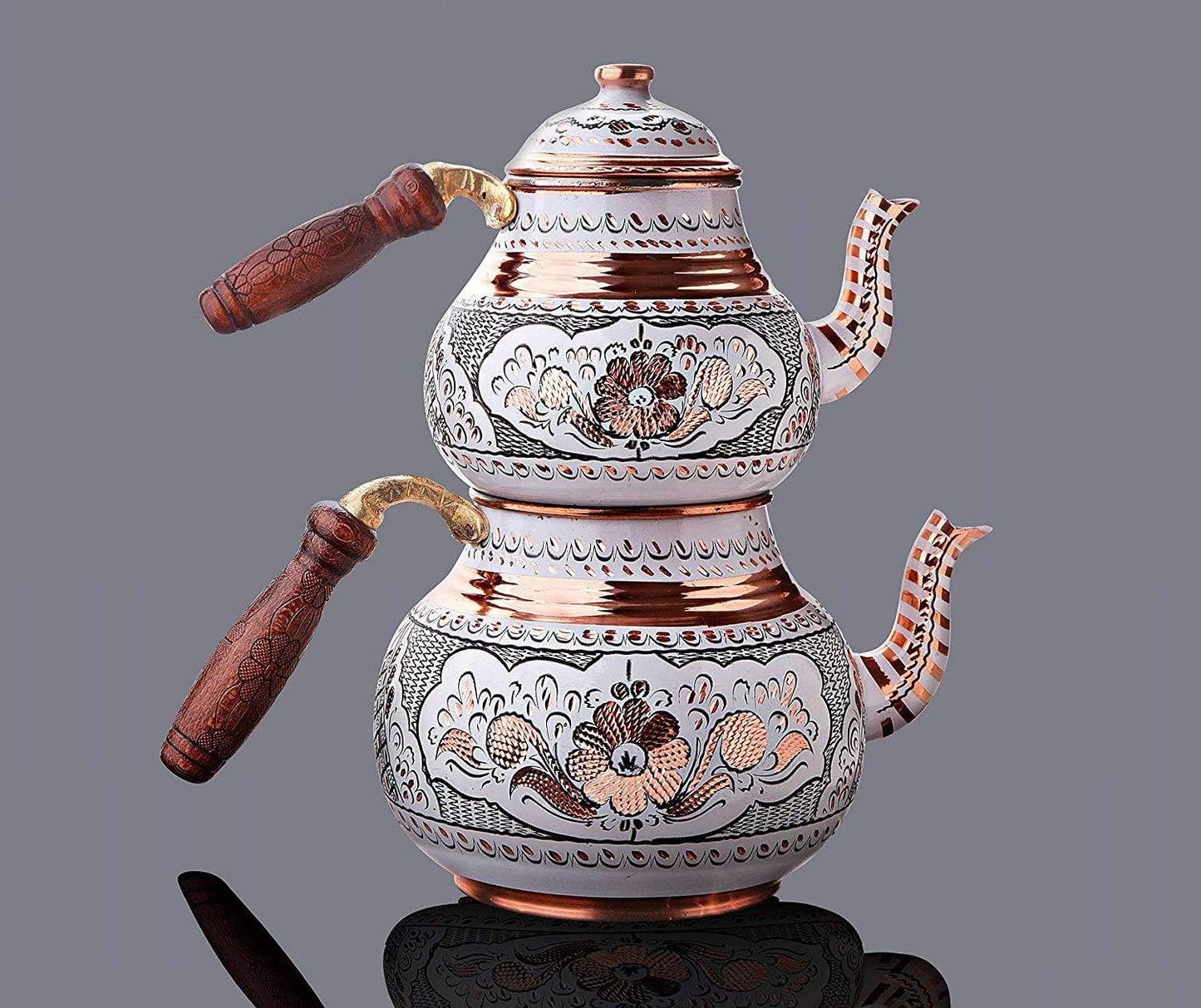 Handcrafted Antique Floral Turkish Copper Teapot Set with Wood Handle and Lid - Vintage Traditional Design for Gas and Electric Stovetops