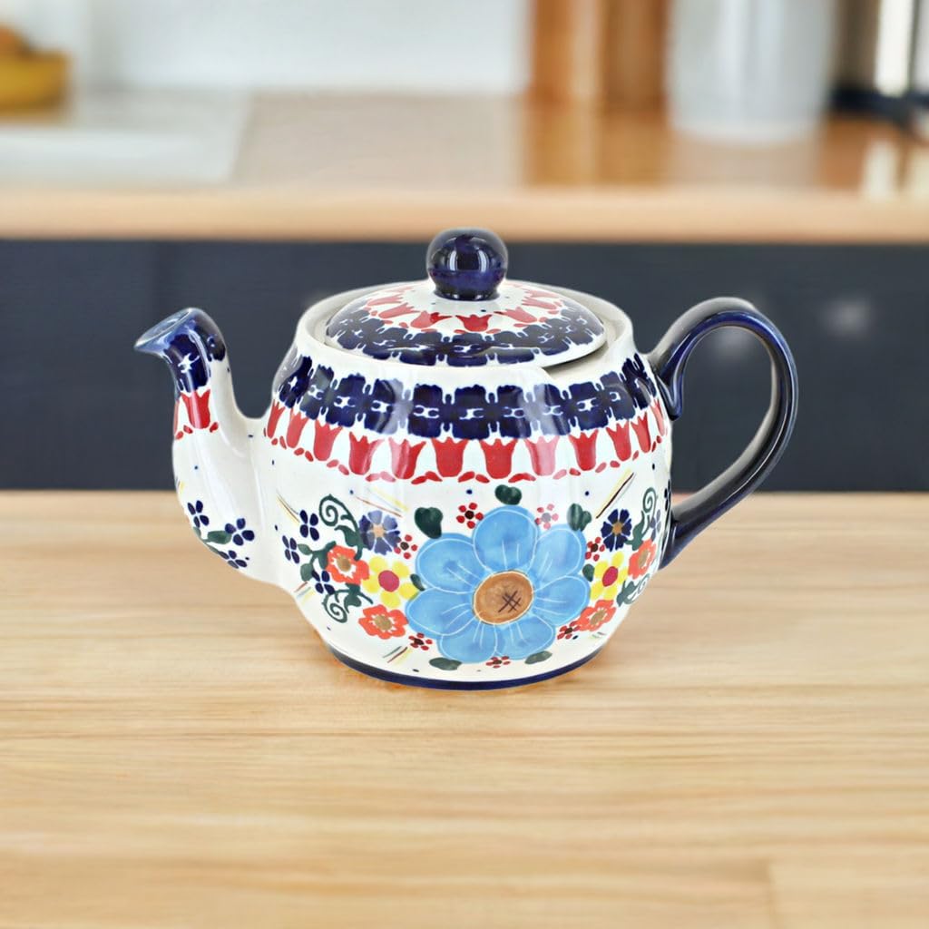 Handcrafted Blue Rose Polish Pottery Kristi Small Teapot - Unique Stoneware Teapot with Traditional Design