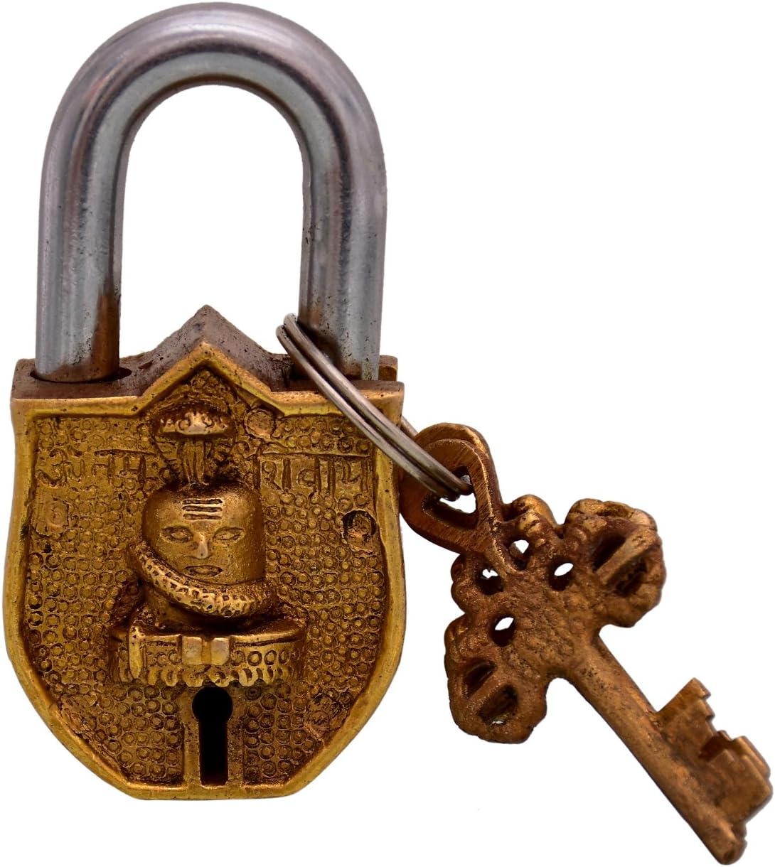 Handcrafted Brass Antique Padlock Lock: Shivaling Symbol of Mahadev Siva - Purpledip (10766)