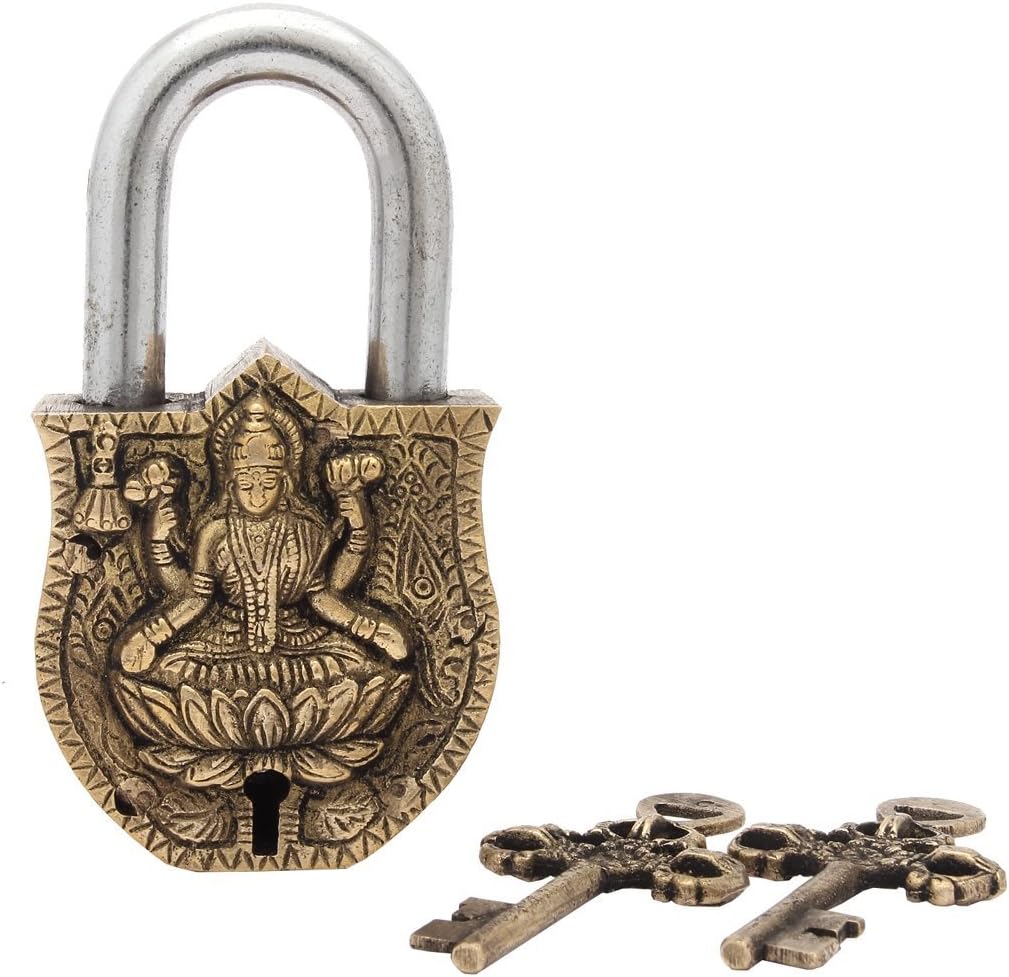 Handcrafted Brass Antique Padlock with Maa Laxmi Idol - Purpledip Medium (10465)