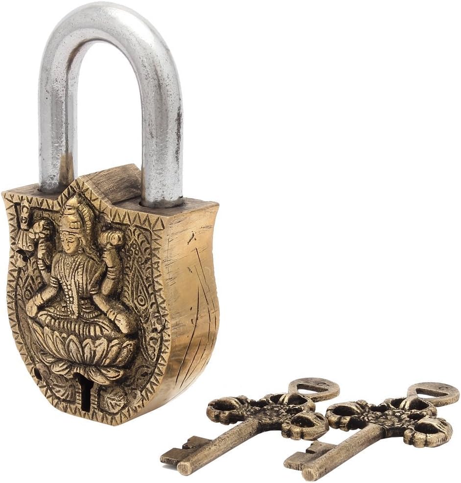 Handcrafted Brass Antique Padlock with Maa Laxmi Idol - Purpledip Medium (10465)