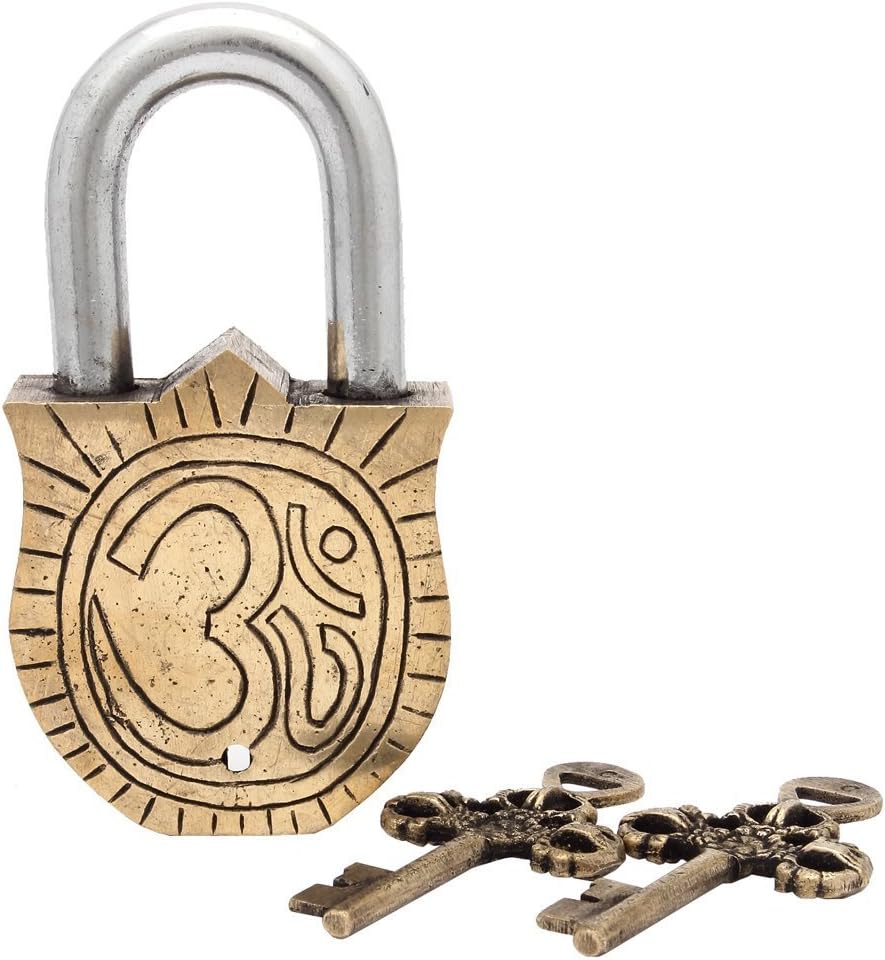 Handcrafted Brass Antique Padlock with Maa Laxmi Idol - Purpledip Medium (10465)