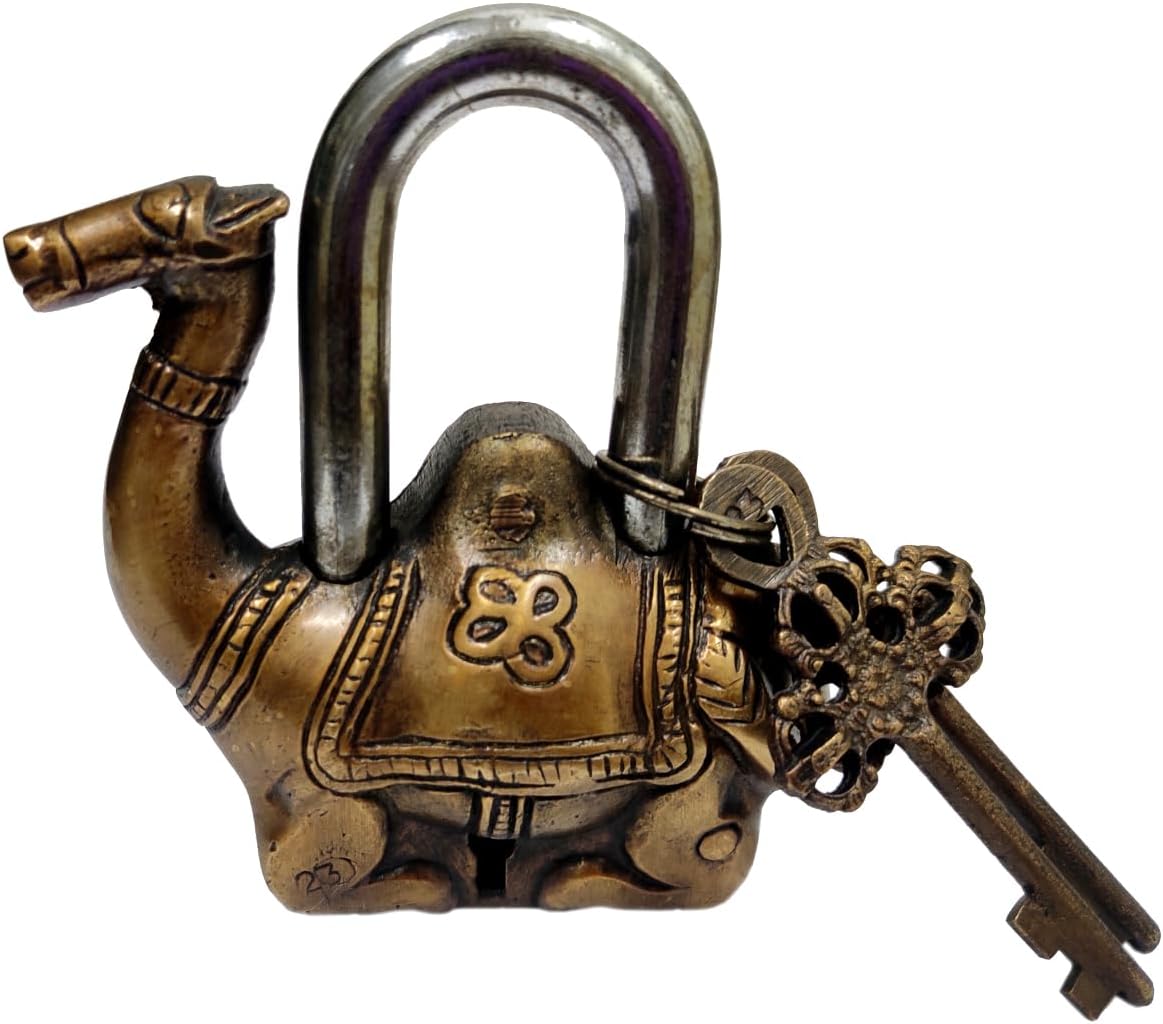 Handcrafted Brass Padlock in Camel Shape for Security - Purpledip Antique (10276)