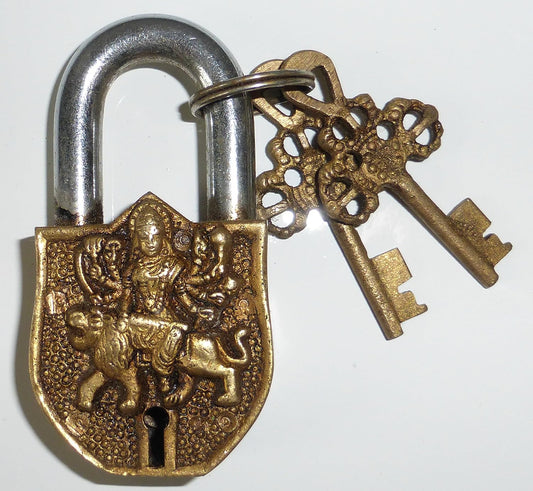 Handmade Brass Antique Lock with Maa Durga Idol - Purpledip (10006)