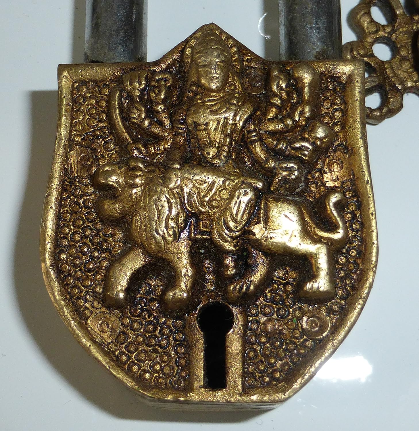 Handmade Brass Antique Lock with Maa Durga Idol - Purpledip (10006)
