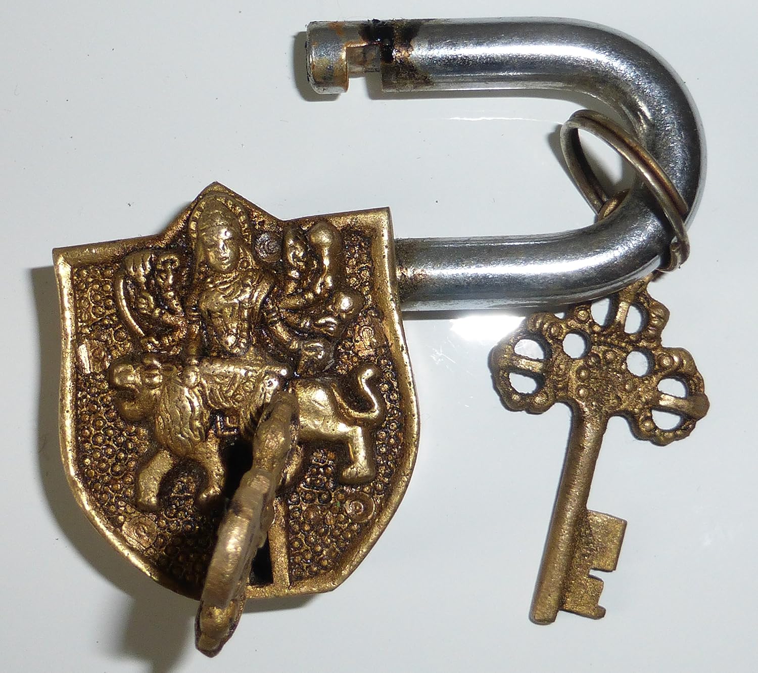 Handmade Brass Antique Lock with Maa Durga Idol - Purpledip (10006)