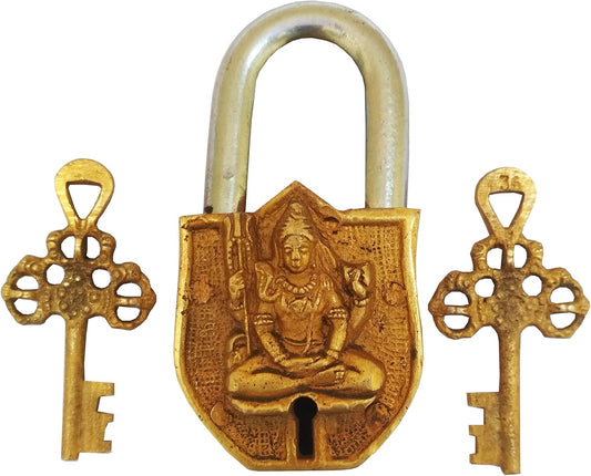 Handmade Brass Antique Pad Lock with Mahadev Idol by Purpledip - Unique Home Decor Piece (10011)