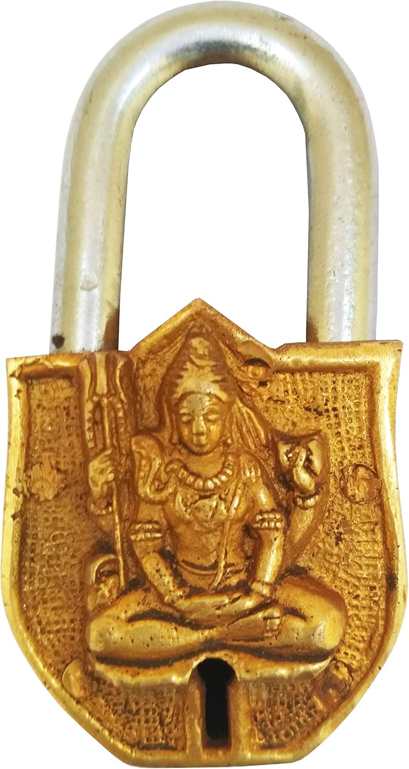 Handmade Brass Antique Pad Lock with Mahadev Idol by Purpledip - Unique Home Decor Piece (10011)