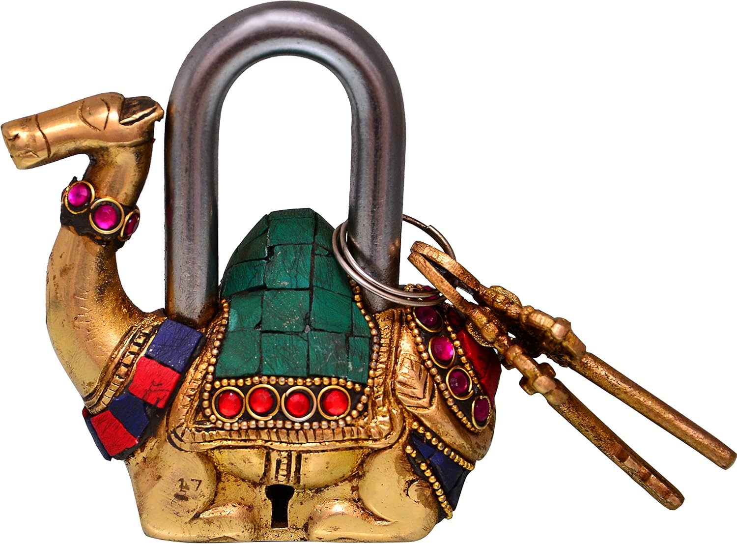 Handmade Brass Padlock with Camel Design and Gemstone Work: Unique Antique Style Security Lock (10685)