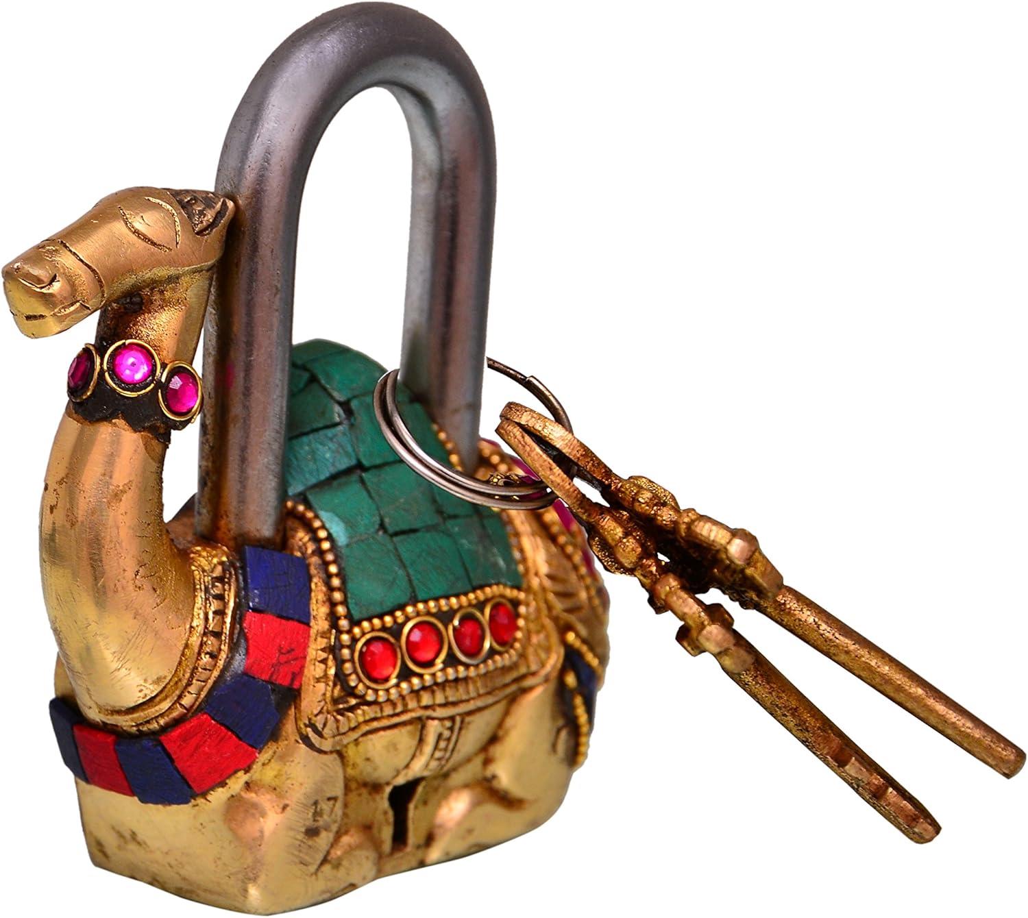 Handmade Brass Padlock with Camel Design and Gemstone Work: Unique Antique Style Security Lock (10685)