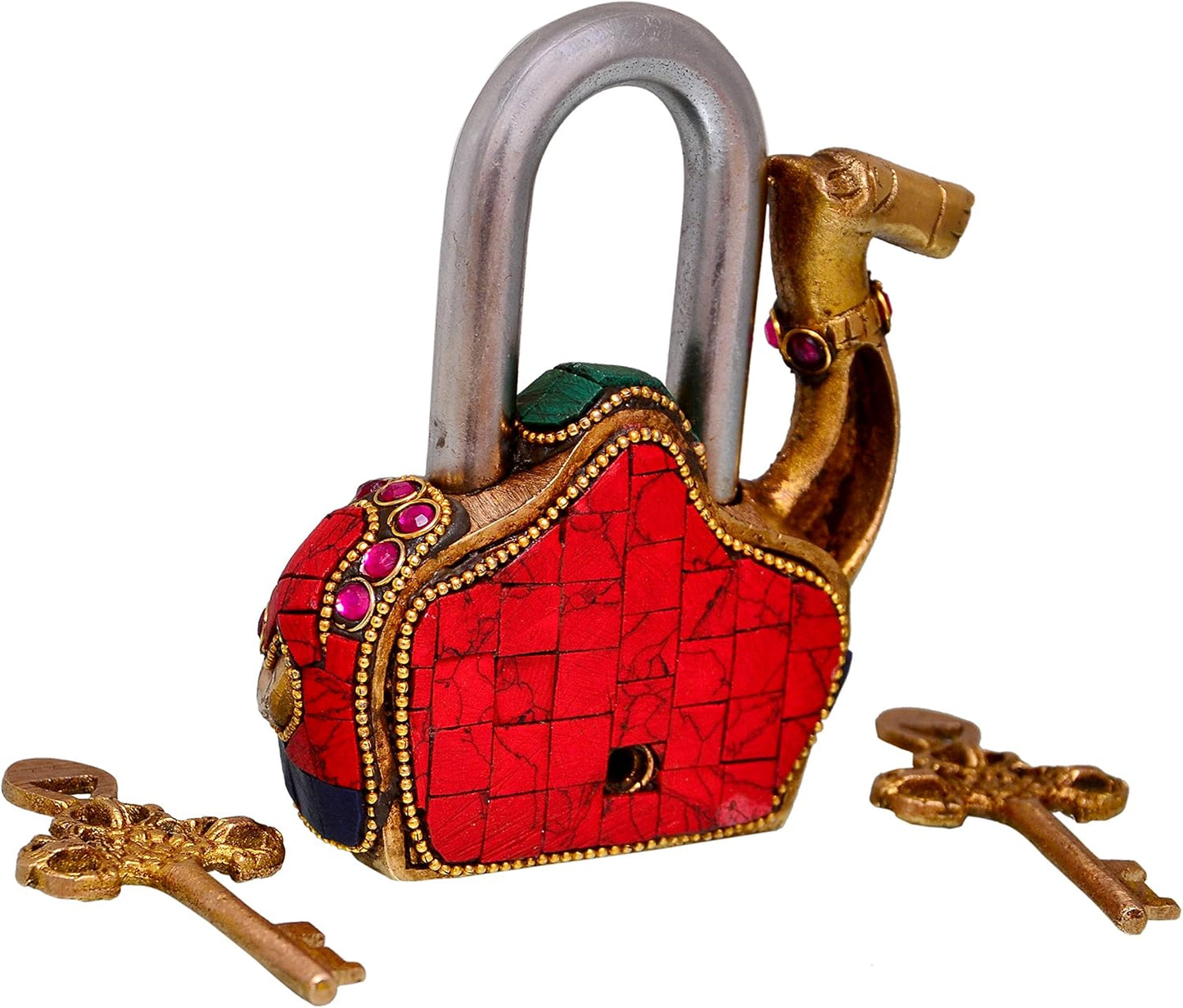 Handmade Brass Padlock with Camel Design and Gemstone Work: Unique Antique Style Security Lock (10685)