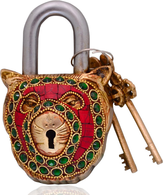 Handmade Lion Shaped Brass Padlock with Colorful Gemstone Work: Unique Antique Design for Style & Security