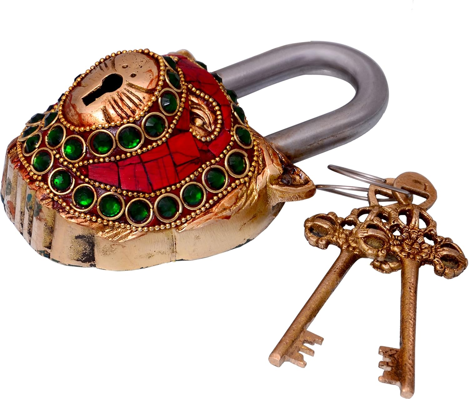 Handmade Lion Shaped Brass Padlock with Colorful Gemstone Work: Unique Antique Design for Style & Security