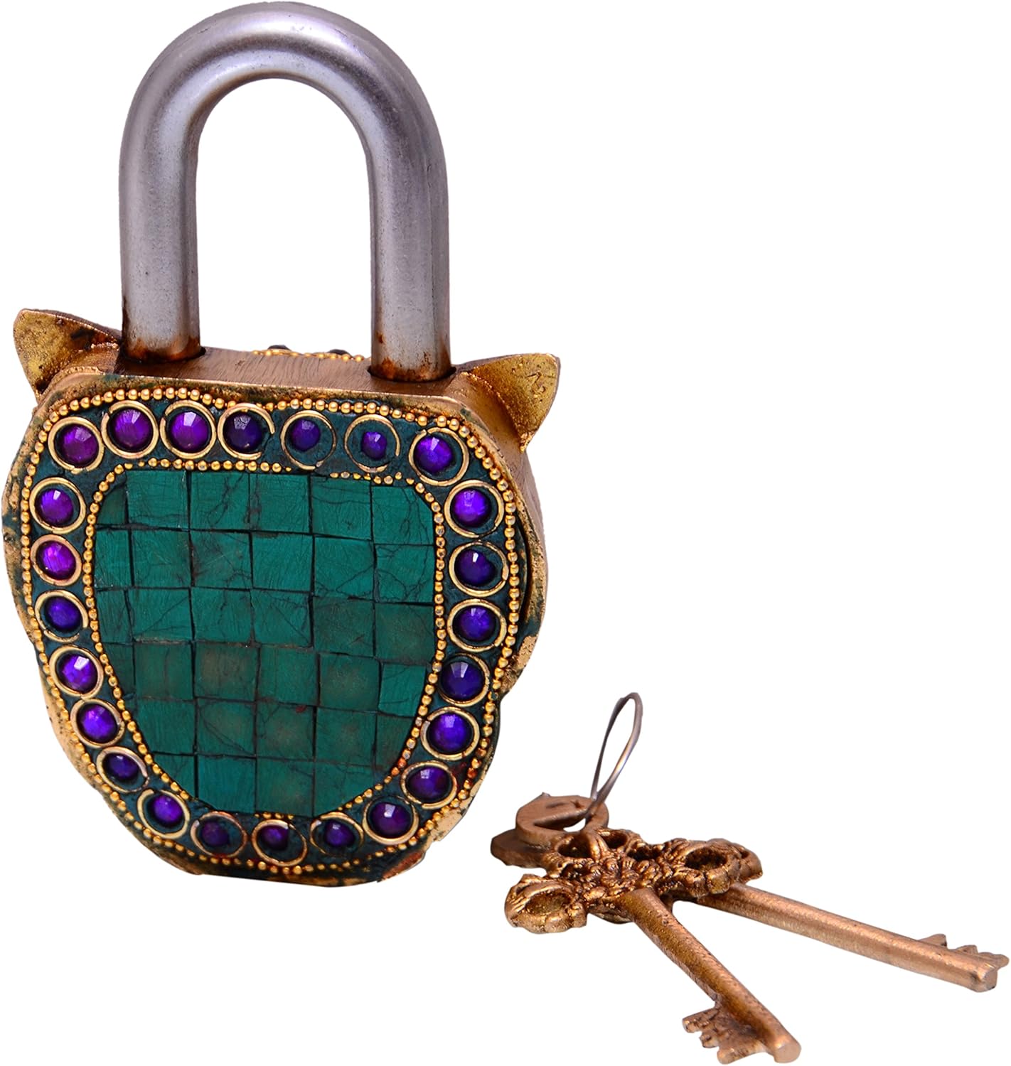 Handmade Lion Shaped Brass Padlock with Colorful Gemstone Work: Unique Antique Design for Style & Security
