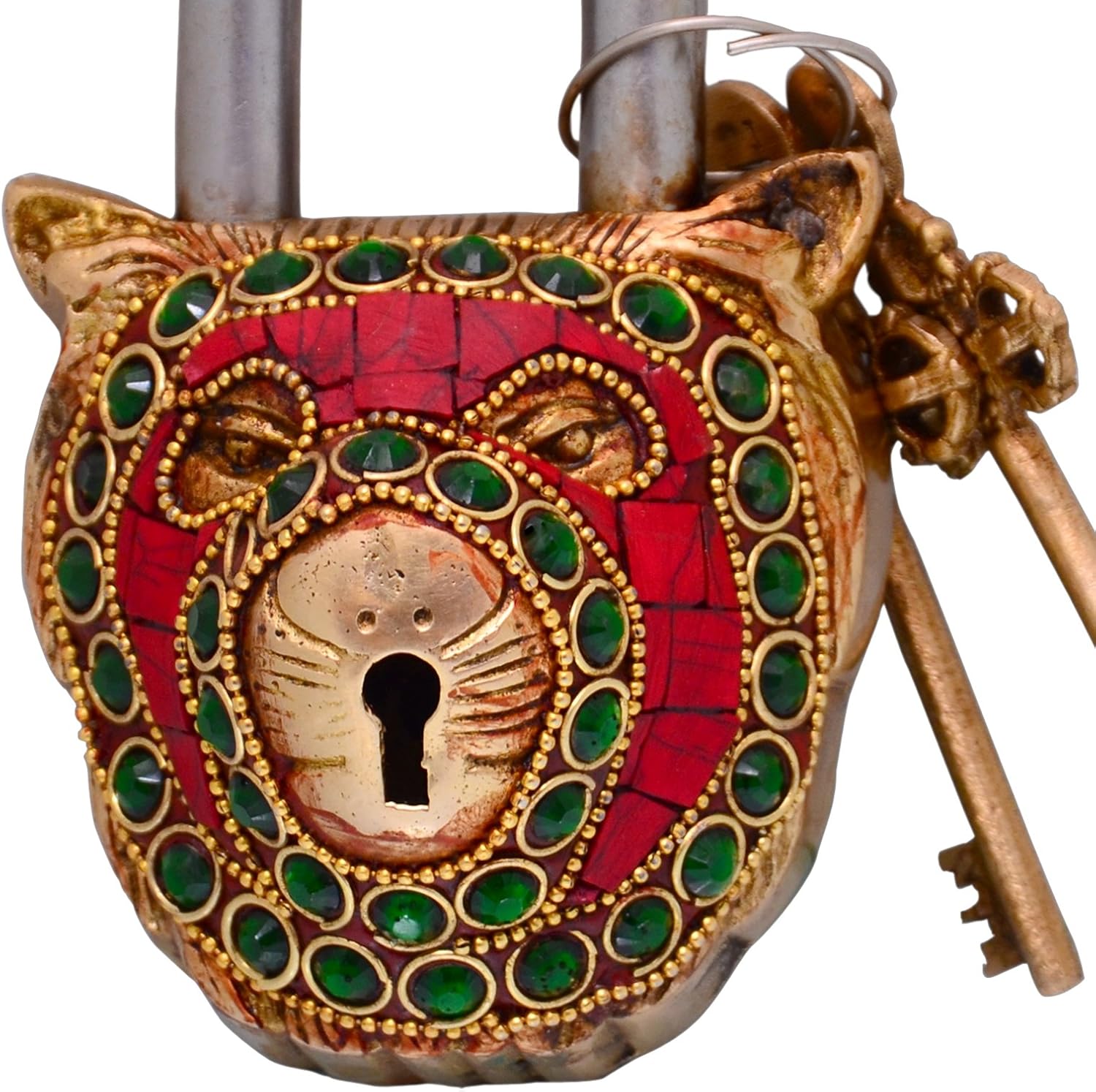 Handmade Lion Shaped Brass Padlock with Colorful Gemstone Work: Unique Antique Design for Style & Security