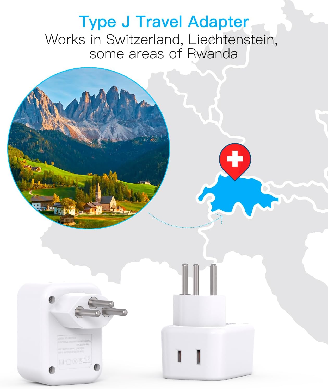 HANYCONY Switzerland Travel Adapter with 2 Outlets & 3 USB Ports for US to Swiss, Liechtenstein, Rwanda - Type J Adapter