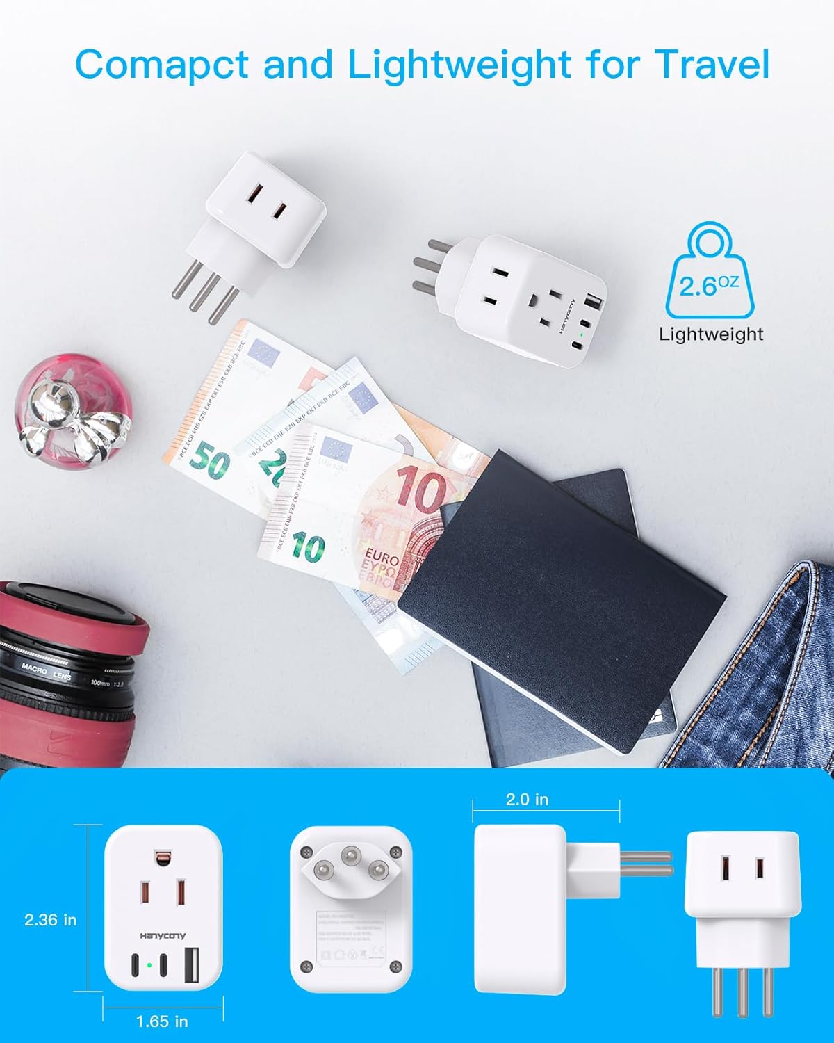 HANYCONY Switzerland Travel Adapter with 2 Outlets & 3 USB Ports for US to Swiss, Liechtenstein, Rwanda - Type J Adapter