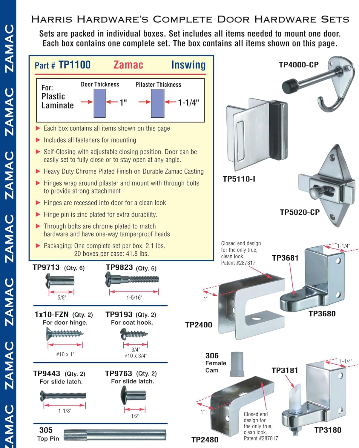 Harris Hardware TP 1100 Inswing Door Hardware Set for 1" Door and 1-1/4" Pilaster - Die Cast Zamac, Complete Kit - WildKart