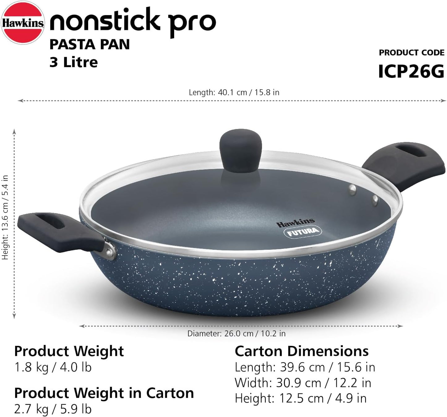 Hawkins ICP28G Nonstick Pro Pasta Pan, 28cm Granite Induction Fry Pan Blue