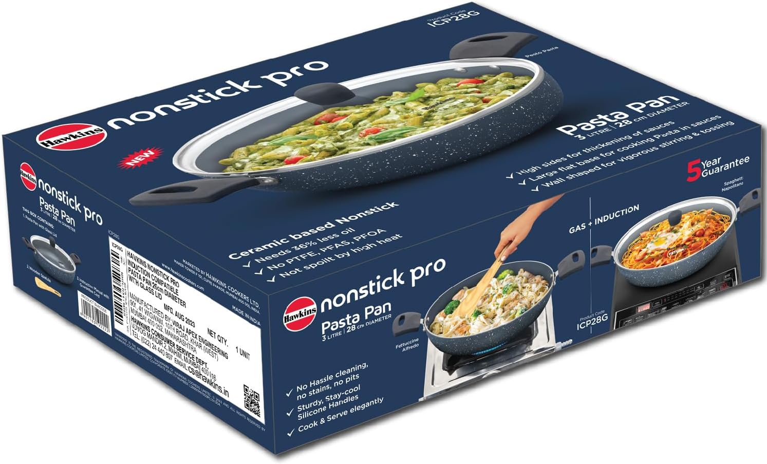 Hawkins ICP28G Nonstick Pro Pasta Pan, 28cm Granite Induction Fry Pan Blue