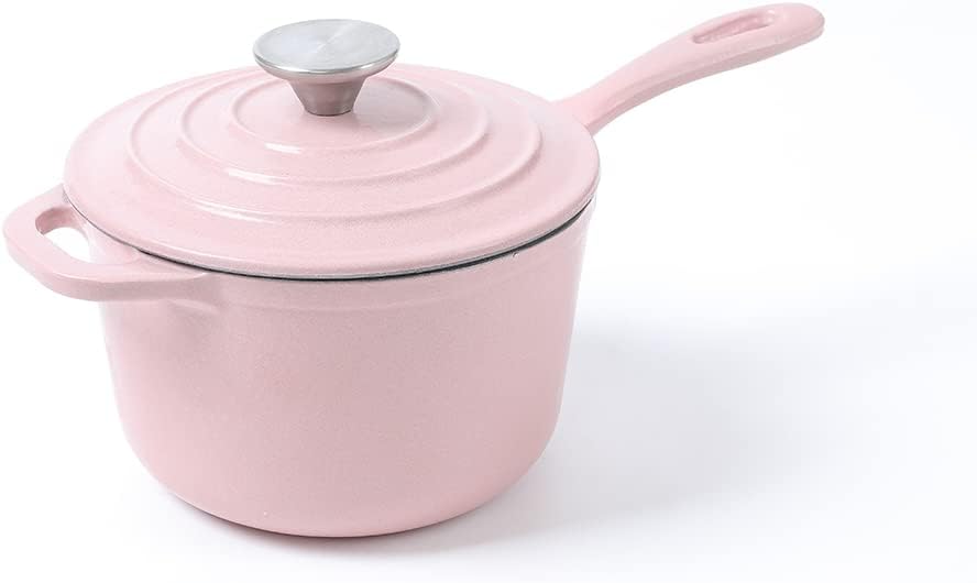 HAWOK Pink Enameled Cast Iron Mini Saucepan with Lid and Long Handle - 1QT