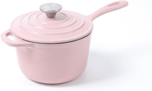 HAWOK Pink Enameled Cast Iron Mini Saucepan with Lid and Long Handle - 1QT