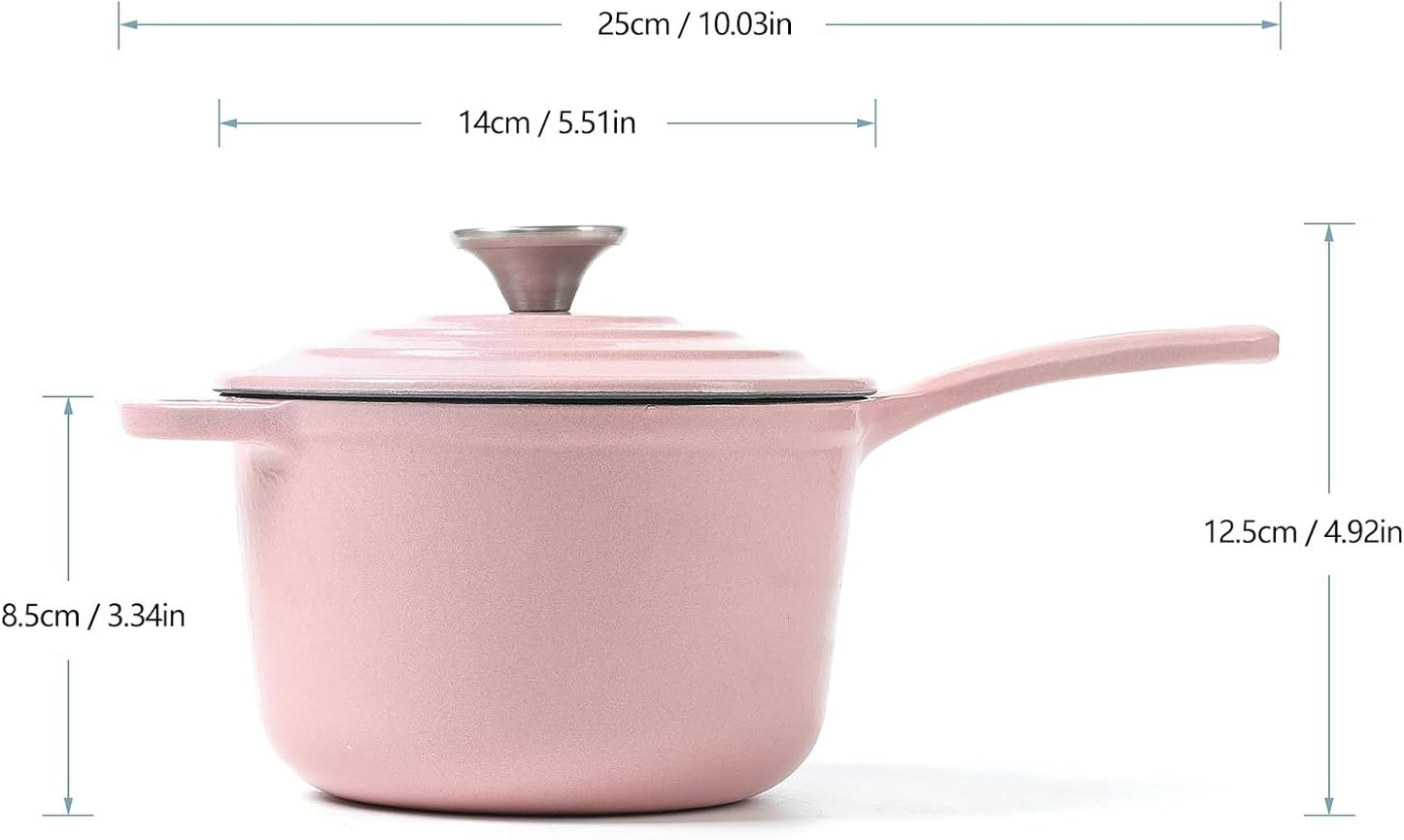 HAWOK Pink Enameled Cast Iron Mini Saucepan with Lid and Long Handle - 1QT