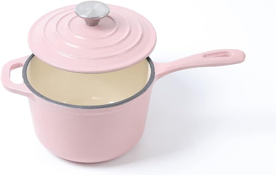 HAWOK Pink Enameled Cast Iron Mini Saucepan with Lid and Long Handle - 1QT