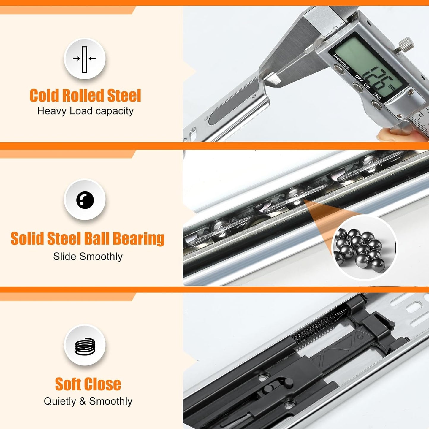 HBL Soft Close Drawer Slides 14 inch - Heavy Duty Replacement, Full Extension Ball Bearing, 200 LB Capacity, Cold-Rolled Steel, Rust-Resistant