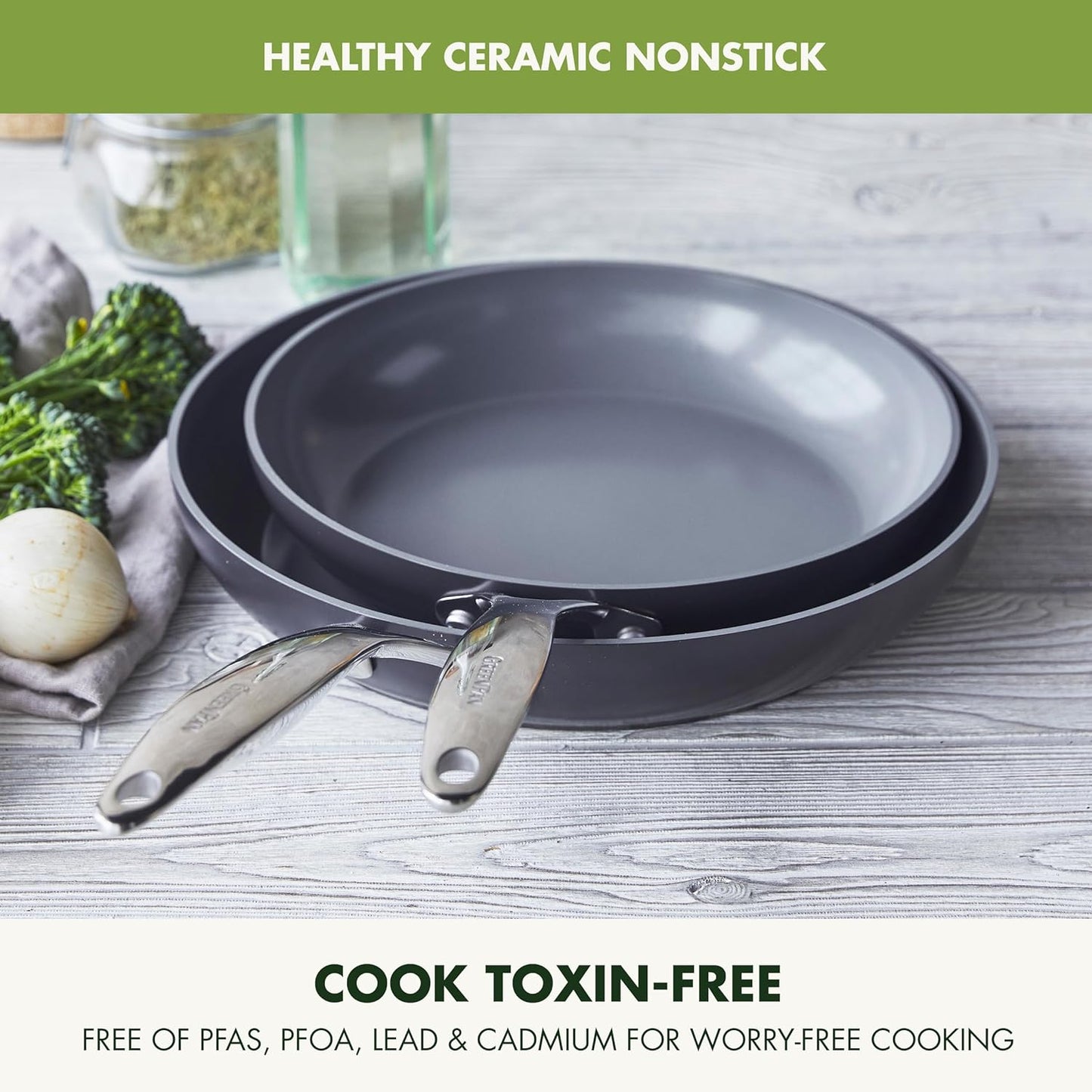 Healthy Ceramic Nonstick Frying Pan Skillet Set, PFAS-Free, Induction, Dishwasher & Oven Safe - GreenPan Valencia Pro Hard Anodized, 8" & 10" Gray