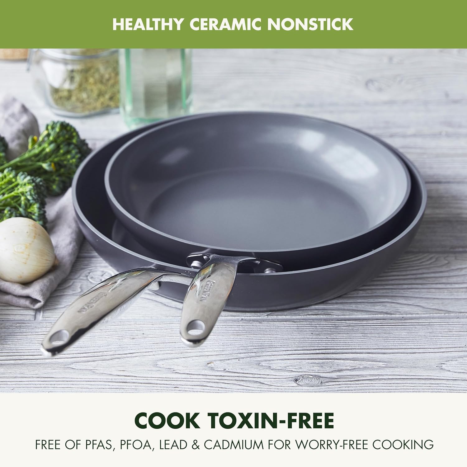 Healthy Ceramic Nonstick Frying Pan Skillet Set, PFAS-Free, Induction, Dishwasher & Oven Safe - GreenPan Valencia Pro Hard Anodized, 8" & 10" Gray