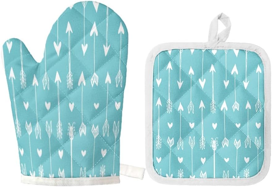 Heart and Arrow Pattern Turquoise Oven Mitt and Pot Holder Set - 2 Piece Heat Resistant Kitchen Accessories for Cooking, Baking, Grilling, BBQ