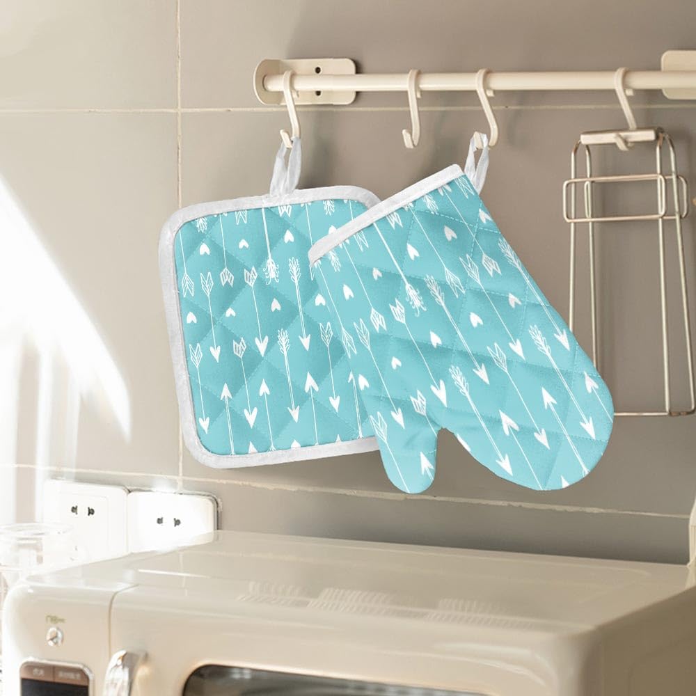 Heart and Arrow Pattern Turquoise Oven Mitt and Pot Holder Set - 2 Piece Heat Resistant Kitchen Accessories for Cooking, Baking, Grilling, BBQ