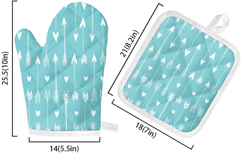 Heart and Arrow Pattern Turquoise Oven Mitt and Pot Holder Set - 2 Piece Heat Resistant Kitchen Accessories for Cooking, Baking, Grilling, BBQ