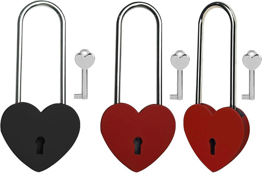 Heart Lock with Key - 3.5" Black/Red Love Padlock for Lovelock Bridge, Jewelry Box - Matte Metal, 50mm