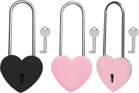 Heart Lock with Key - 3.5 Inches Black/Pink Love Padlock for Lovelock Bridge, Jewelry Box, Diary Book