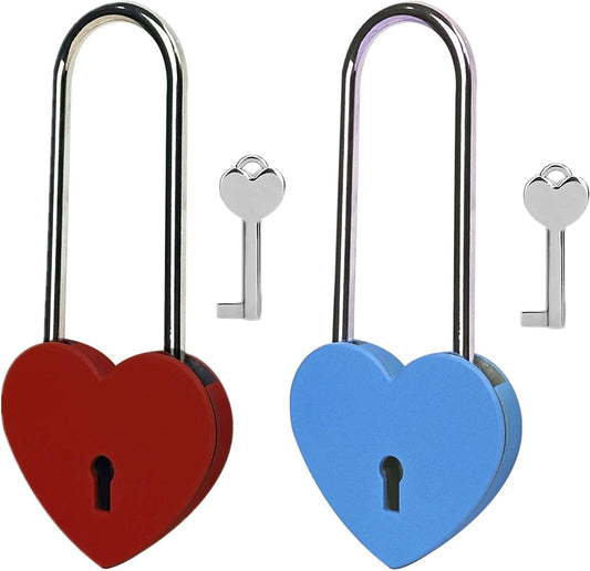 Heart Lock with Key - 3.5" Red and Blue Love Padlock for Lovelock Bridge, Jewelry Box, Diary - Rubber Painted Metal Lock