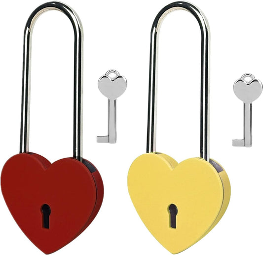 Heart Lock with Key - 3.5" Red and Yellow Love Padlock for Lovelock Bridge, Jewelry Box, Diary - Rubber Painted Metal Lock