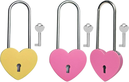 Heart Lock with Key, 3.5" Love Padlock in Yellow and Rose Red Rubber Painting Metal - Ideal for Lovelock Bridge, Jewelry Box, Diary Book, Card Box