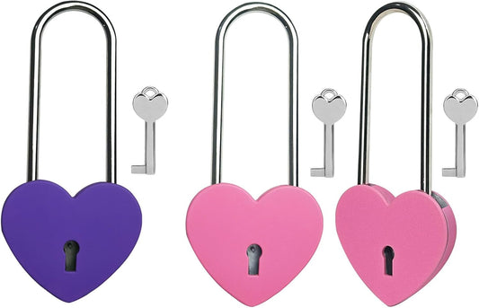 Heart Lock with Key, 3.5" Purple and Rose Red Love Padlock for Lovelock Bridge - Matte Metal, Jewelry Box, Diary Book