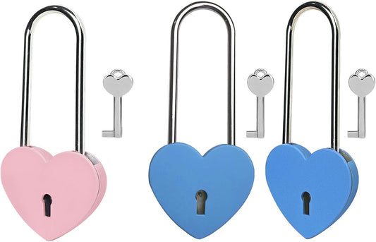 Heart Lock with Key, Pink and Blue 3.5" Love Padlock for Lovelock Bridge or Jewelry Box