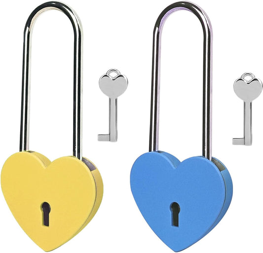 Heart Lock with Key, Yellow and Blue 3.5" Love Padlock - Rubber Coated Metal Love Lock for Lovelock Bridge, Jewelry Box, Diary Book