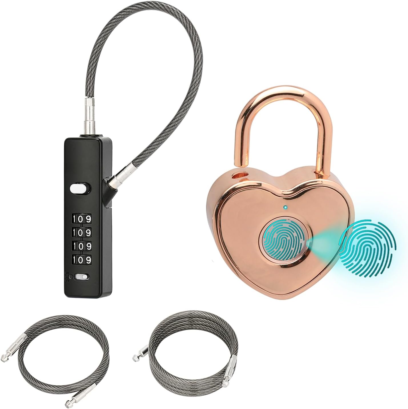 Heart-Shaped Fingerprint Padlock with 3 Replaceable Steel Cables and Rechargeable Cable