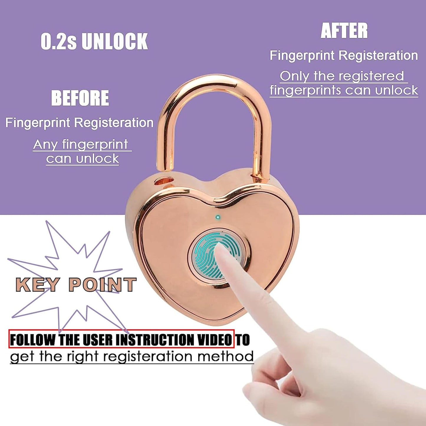 Heart-Shaped Fingerprint Padlock with 3 Replaceable Steel Cables and Rechargeable Cable